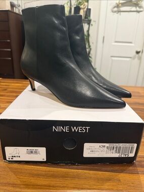 Nine West Black Pointed Leather Ankle Booties with Kitten Heel